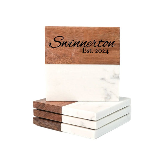 Personalized Marble and Acacia Wood Coasters