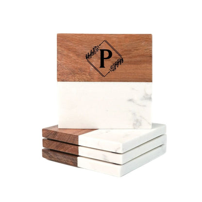 Personalized Marble and Acacia Wood Coasters