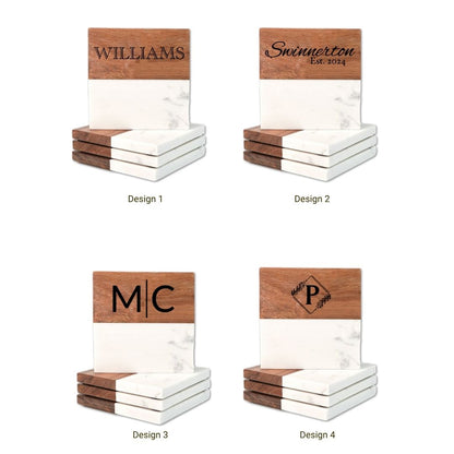 Personalized Marble and Acacia Wood Coasters