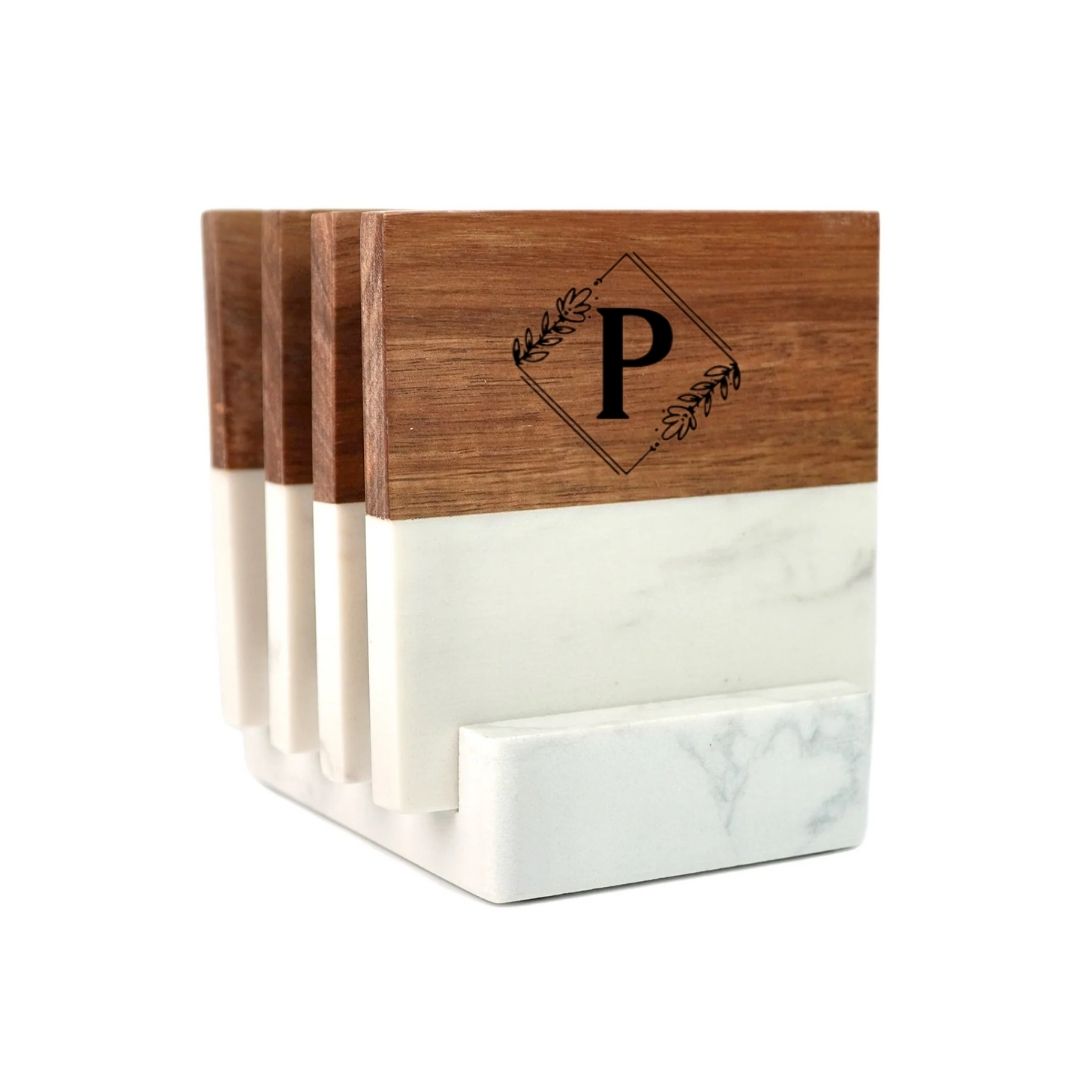 Personalized Marble and Acacia Wood Coasters