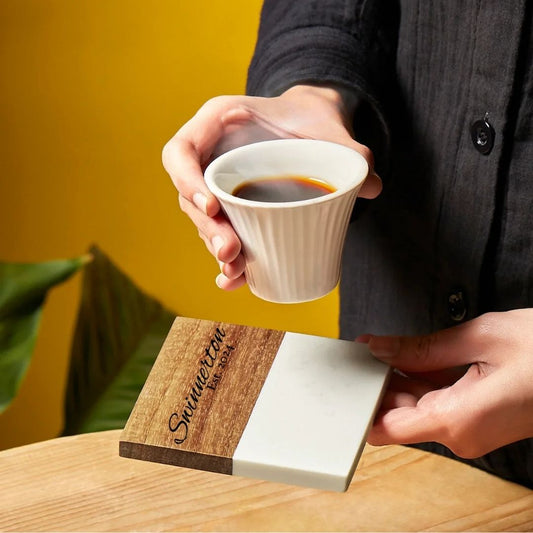 Personalized Marble and Acacia Wood Coasters