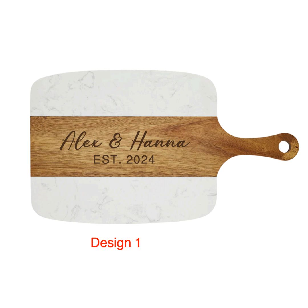Personalized Marble and Acacia Serving Board w/Cheese Knives