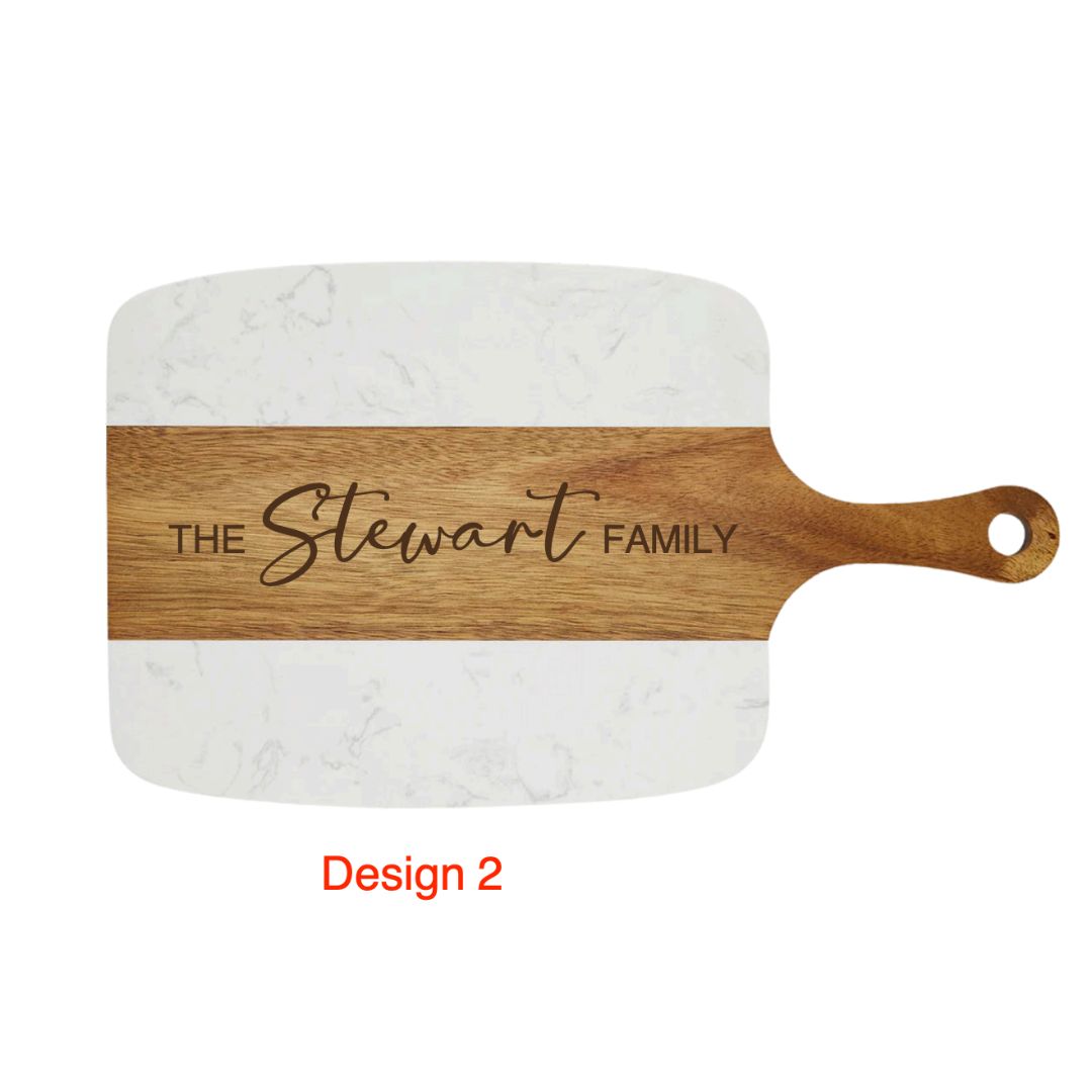 Personalized Marble and Acacia Serving Board w/Cheese Knives