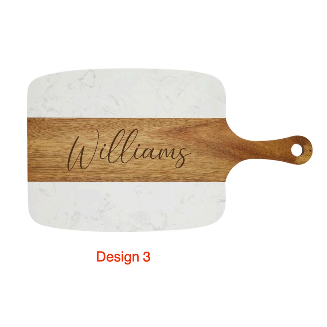 Personalized Marble and Acacia Serving Board w/Cheese Knives