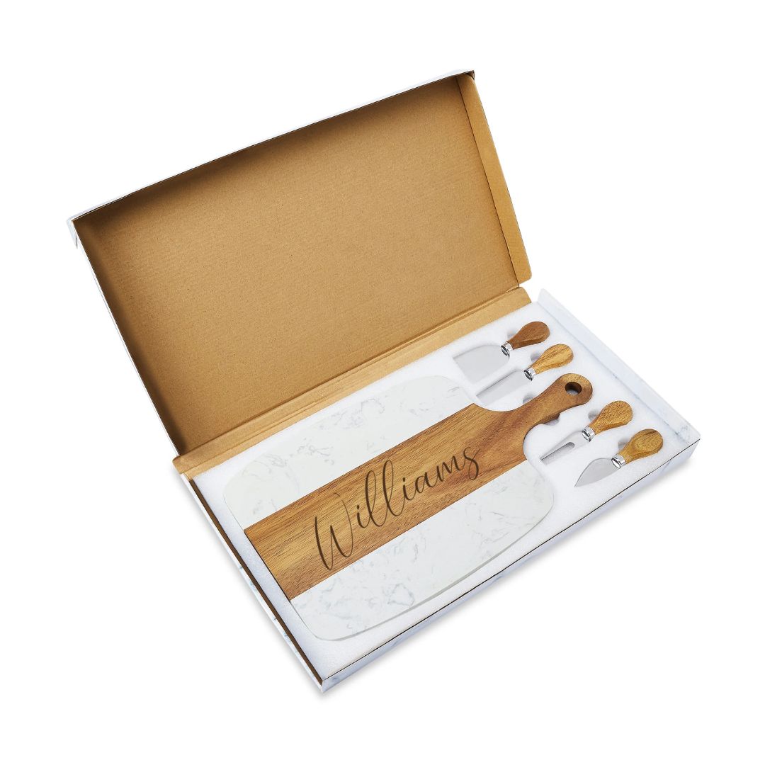 Personalized Marble and Acacia Serving Board w/Cheese Knives