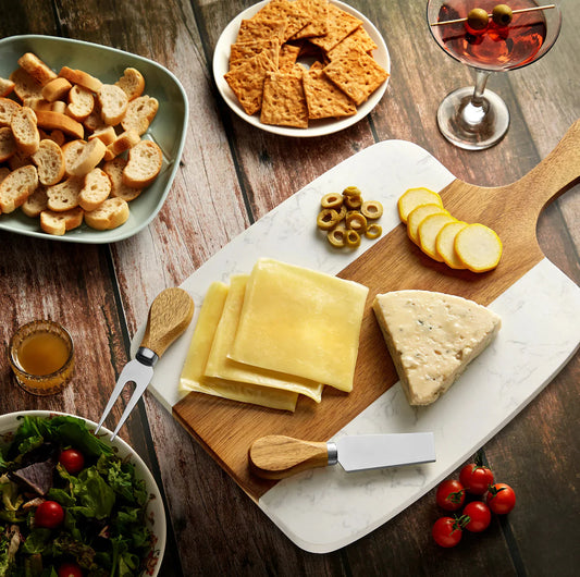 Personalized Marble and Acacia Serving Board w/Cheese Knives