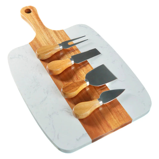 Personalized Marble and Acacia Serving Board w/Cheese Knives